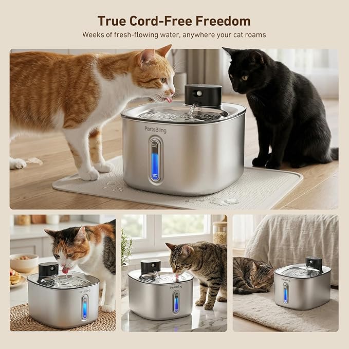 PartsBling Wireless Cat Water Fountain Stainless Steel, 4.2L/142fl oz Ultra Quiet Pet Water Dispenser Bowl for Cats & Dogs, Cordless Dog Water Fountain with 5000 mAh Battery Operated with 4 Filters