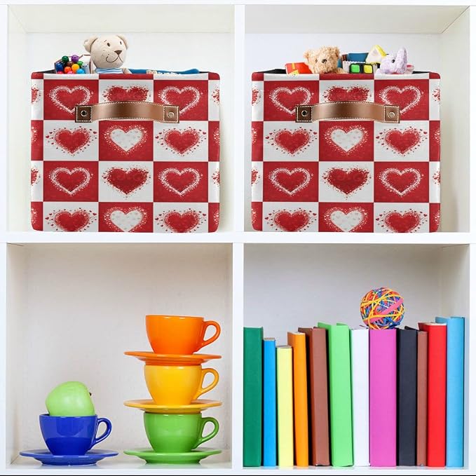 Happy Valentine's Day Love Heart Storage Basket Fabric Laundry Baskets Red White Buffalo Plaid Storage Boxes Organizer Bag for Baby Cloth Dog Toy Book Storage Cubes Shelf Closet Bins 16×12×8 Inches