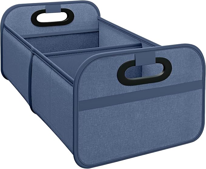 Car Trunk Organizer, Foldable Car Trunk Storage Box with 2 Compartments & Mesh Pocket, Large Capacity, Portable with Handle, Collapsible Backseat Storage Organizer for SUV Truck Sedan (Blue)