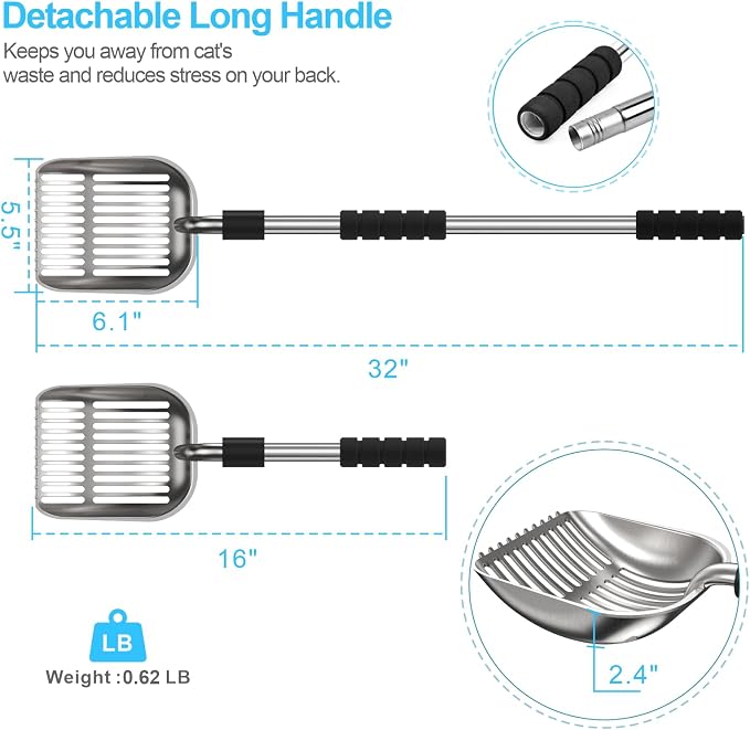 Depets Cat Litter Scoop, Long Handle Metal Litter Scooper - No Bending | Detachable, Deep Shovel, Comfort Foam Grip, Easy & Fast Sifting, Heavy Duty Stainless Steel, Litter Sifter with Storage Hook