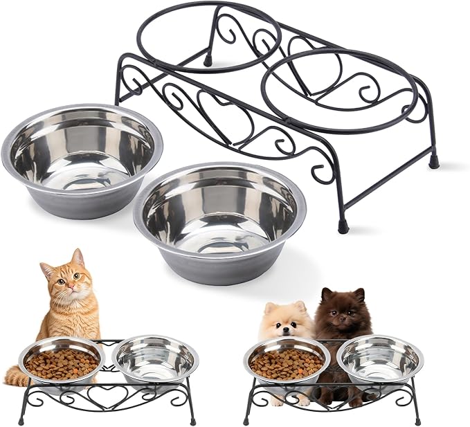 Small Dog Bowls with Metal Stand for Small Breeds Cats and Puppies 3.4 Inch Fixed Height Elevated Feeder with 2 Removable Stainless Steel Bowls
