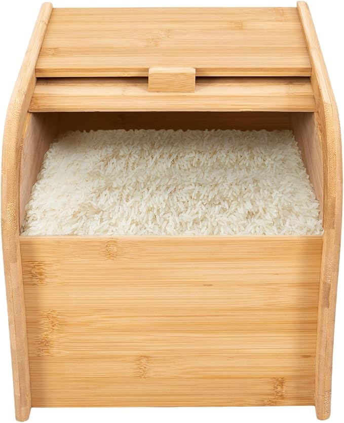 22 lbs Bamboo Rice Storage Container with Sliding Lid & Measuring Cup, Airtight Dry Food Organizer for Kitchen Countertop - Large Capacity Grain Bin for Flour, Nuts, Beans, Pet Food - Natural Wood