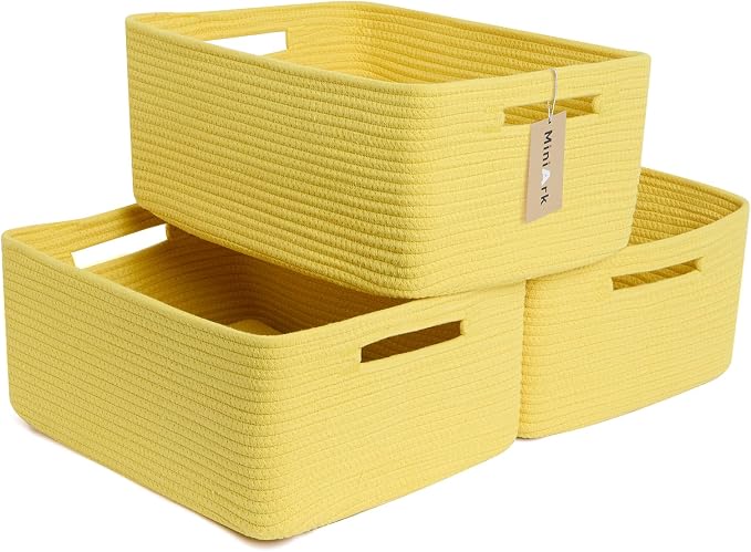 MiniArk Large Storage Baskets for Shelves, 17 x 13 x 7.5” Closet Organizers Bins for Clothes Blanket Towels, Baby Nursery, Toy Baskets Box, Woven Rope Baskets, 3 Packs Yellow