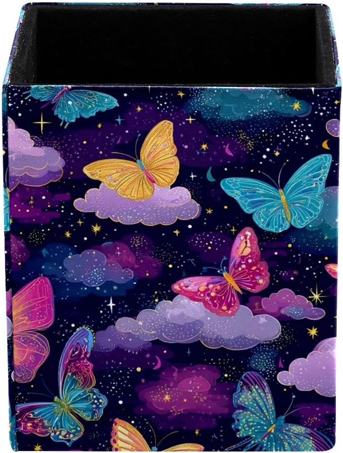 Butterfly Pen Holder for Desk Decor, Rectangular PVC Leather Pencil Cup for Desk Pen Organizer, Makeup Brush Holder for School, Home, Office