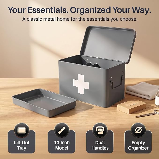 Flexzion Large Metal First Aid Box Empty, 13-Inch, Gray with White Cross | Vintage Medicine Box and First Aid Storage Organizer with Removable Tray and Dividers; Empty Box Only, Supplies Not Included