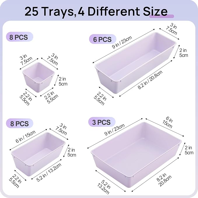 Vtopmart 25 Pack Plastic Drawer Organizers with Non-slip Rubber Pads | 4-Size Versatile Makeup Organizer, Storage Containers Small Bins for Makeup, Jewelries, Bedroom, Kitchen Utensils and Office