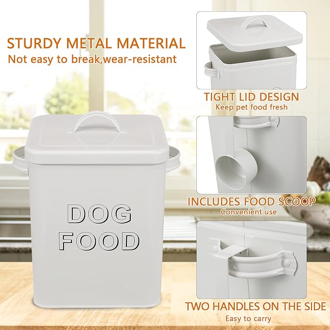 Pethiy airtight Dog Treat container bin and DOG Food Storage Tin with Lid With Handle |4-5 lbs Capacity | Serving Scoop Included -White