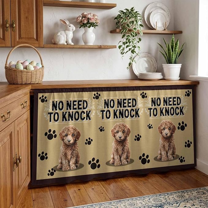 NO Need to Knock Cabinet Curtains 28"x51" Sink Skirt for Bathroom Kitchen, Poodle Dog Paw Prints Pet Lover Farmhouse Self Stick Adhesive Under Desk Covers Tall Laundry Cabinet Storage Organizer
