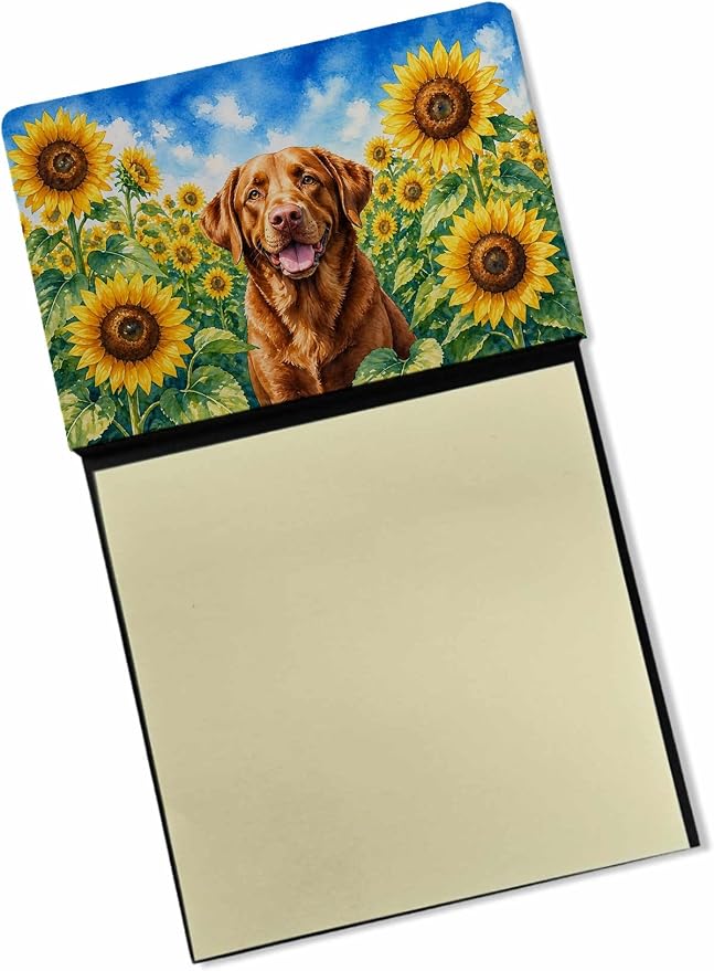 Caroline's Treasures Chesapeake Bay Retriever in Sunflowers Watercolor Sticky Note Holder Refillable Dispenser Desk Accessory 3x3 Pad Gift