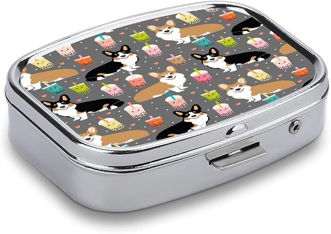 2 Compartment Square Pill Box Portable Metal Travel Pill Organizer | Cute Corgi Pet Pill Case to Hold Vitamins, Medication, Fish Oil and Supplements, Ideal for Purse & Pocket