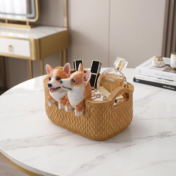 Catchall Bowl Corgi Statue - Decorative Entryway Key Holder & Candy Dish - Cute Double Dog Figurine Organizer for Desk & Room Decor - Pet Lover Housewarming Gift, Double Corgi in Basket