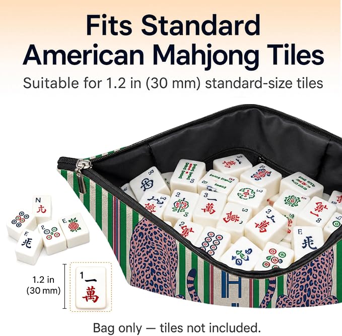 Trendy Leopard Cheetah Empty Mahjong Tile Bag 13x7.8 Inch | Pink Green Printed Portable Travel Case Organizer Zipper Pouch for American Mahjong Tiles Game Night Accessories and Gifts