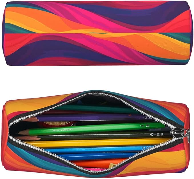 OSAM SPACE Leather Pencil Case Round Pencil Bag Colorful Waves Pen Organizer Holder Portable Zipper Pouch Cute School Supplies for Girls Boys Study Office