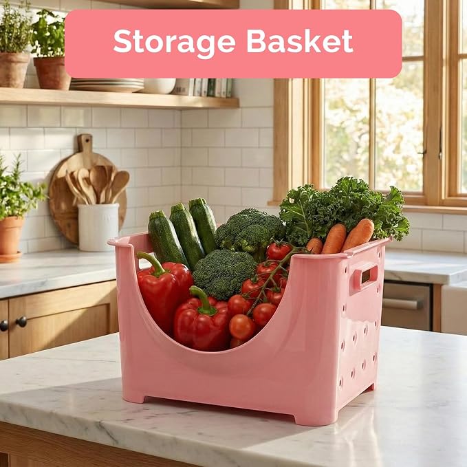 Basicwise Stackable Plastic Storage Container Stacking Bins, Pink (QI003215P)