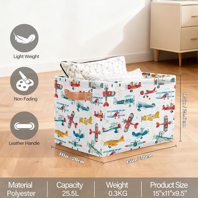Pardick Storage Baskets Bin, Cute Cartoon Airplane Collapsible Canvas Fabric Storage Bin Decorative Baskets Toy Organizer Rectangle Storage Boxes with handles for Home Shelves Nursery,1Pack,C-05