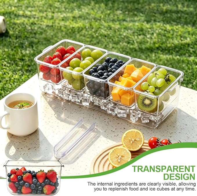 OBTANIM 16 Inch Ice Chilled Condiment Server Caddy Plastic Clear Food Storage Container Garnish Tray with Separate Lid and 5 Removable Compartments for Bar Party Fruit Salad