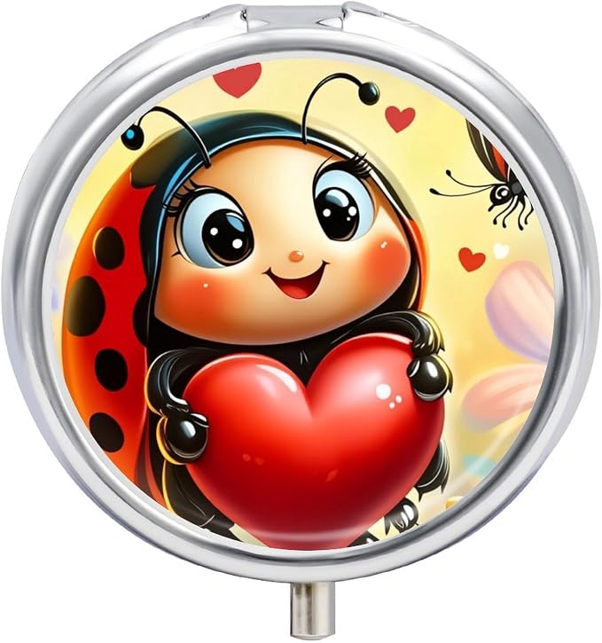 Ladybug Metal Round Pill Box, 3 Compartment Travel Organizer, Portable Pill Container with Secure Latch, 2 Inch Circular Vitamin Caddy for Pills and Vitamins, Gift for Him Her Elderly