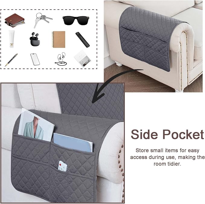 Large Polyester Armrest and Headrest Covers with 2 Pockets | Soft, smooth polyester resists daily wear nonslip silicone backing helps shield recliners and sofas from pet scratches