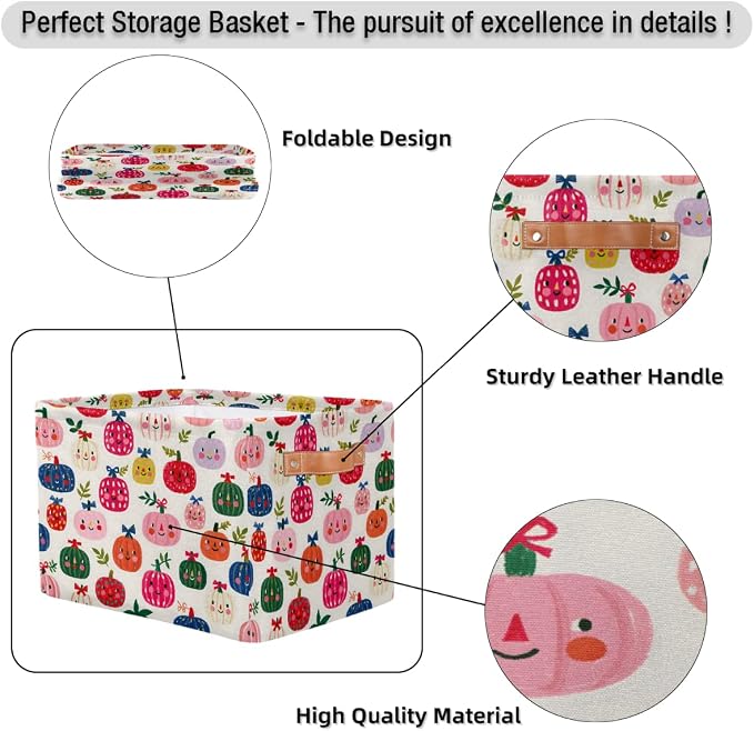 Pardick Autumn Basket Storage Bins Rectangle Canvas Basket Cube Storage Box | Nursery Foldable Basket with Handle for Kids Girls Boys Toys Living Room Closet Organizer Shelf Gifts Fall Decor (132)