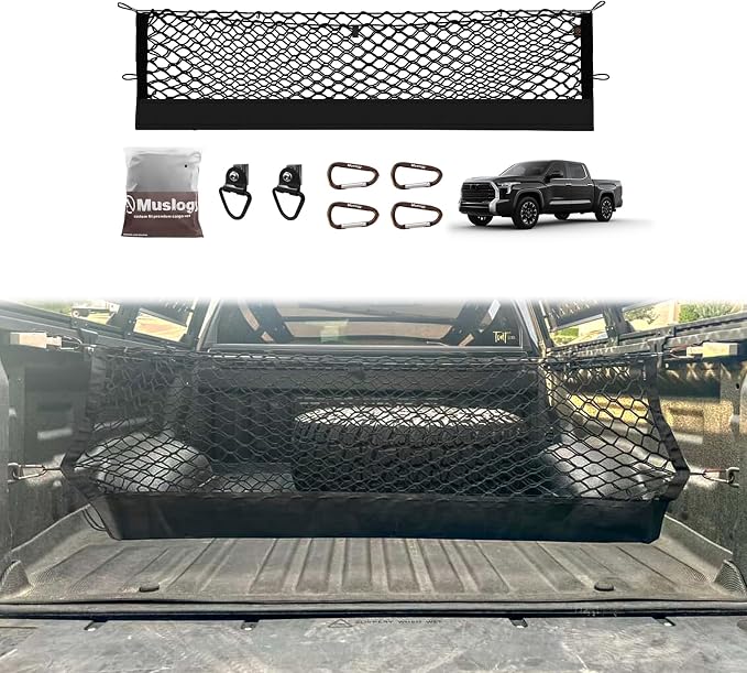 Muslogy Cargo Net for Toyota Tundra 2007-2024 2025 2026 Accessories | Custom Fit, Truck Bed Storage Organizer Net for Pickup Truck Bed Divider, Heavy Duty Carabiners, Night Visible Grab Handle