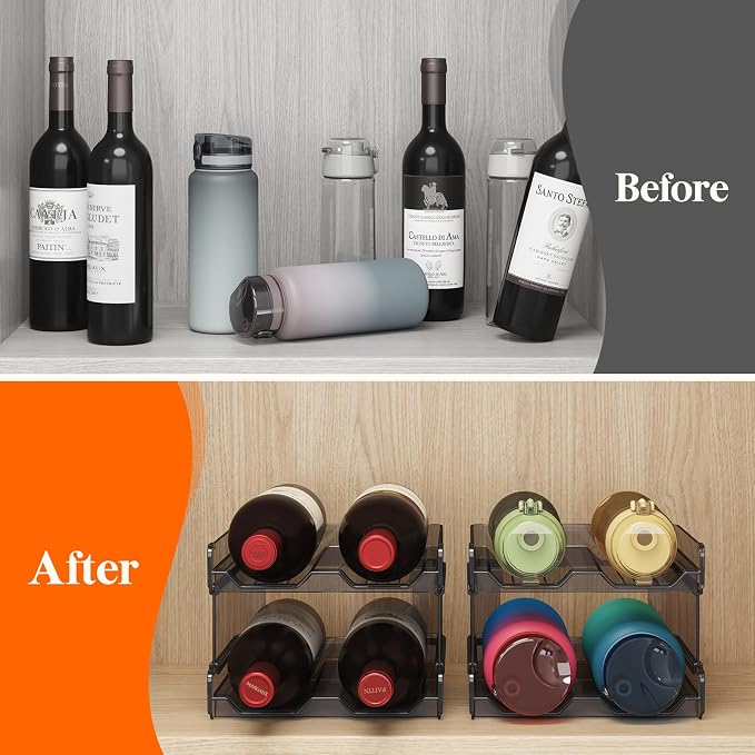 Lifewit Stackable Wine Rack for Cabinet, Plastic Refrigerator Wine Holder | Black Water Bottle Storage Rack for Fridge Shelf, Tumbler Cup Organizer Holds 4 Bottles for Countertop, Kitchen Organization