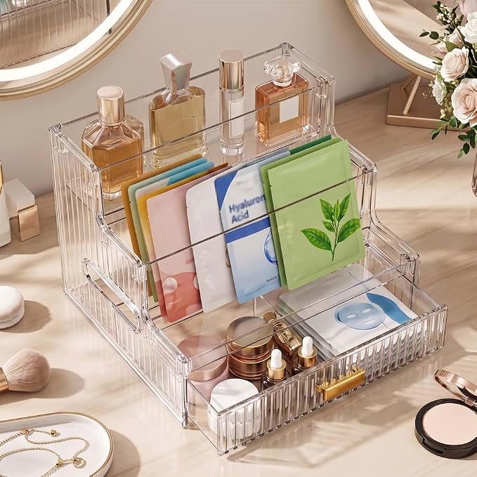 Laaimerisa Clear Acrylic Makeup Organizer with Drawer, 3-Tier Countertop | Skincare & Perfume Storage, Vanity & Desk Use, Gold-Tone Handle, 23 x 20 x 17 cm, Multi-Compartment
