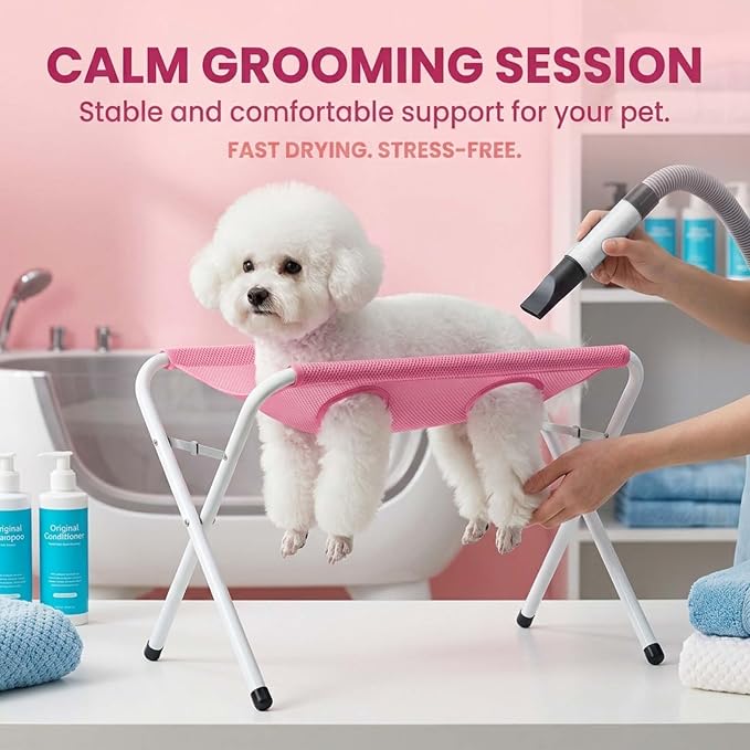 Pet Bathing Hammock, Foldable 8-Hole Grooming Stand for Small Pets (Pink) | Easier Pet Bathing, Less Scratches and Bites, Sturdy Frame Quick-Dry Mesh, Ideal for Dogs & Cats, Nail Trimming and Grooming