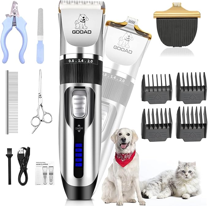 Dog Clippers Grooming Kit and Paw Trimmer,Cordless,Low Noise, Electric Quiet,Rechargeable, Dog Trimmer Grooming, Pet Hair Clippers for Thick Coats,Shaver for Small and Large Dogs Cats(Silver)