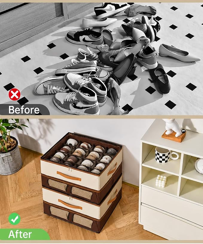 16 Grid Shoe Storage Box Organizer, Foldable Under Bed Shoe Organizer with Clear Lid & Side Mesh Pockets, Large Closet Storage Bins for Sneakers, Heels, Boots, Holds Up to 32 Pairs, 2 Pack