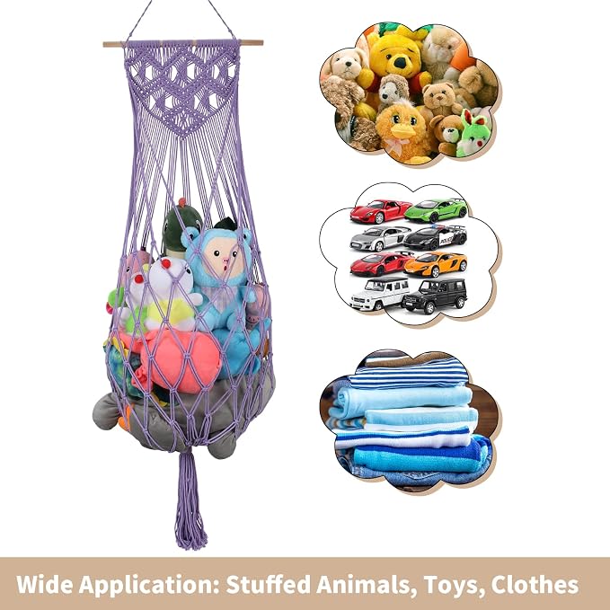 63Inch Stuffed Animal Storage Net Corner,Macrame Toy Hammock,Purple | Wall Ceiling Over Door Hanging Stuffed Animal Hammock Net,Plushies Organizer w/ Star Lights,Nursery Playroom Kid Room Decor