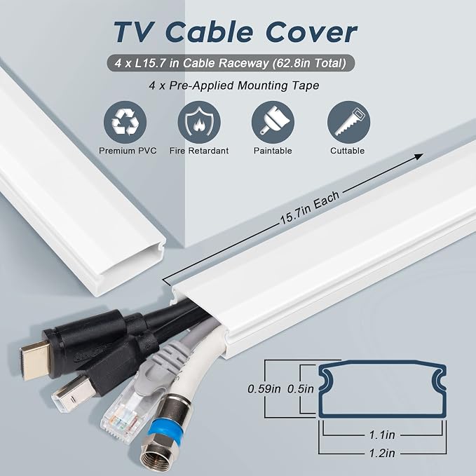 TV Cable Hider - 62.8in PVC Cord Hider Cable Management Wall, Paintable Cord Concealer for Wall Mounted TV, Cables Raceway White Wire Hider, Wall Wire Covers for Cords, 4* L15.7in *W1.2in *H0.59in
