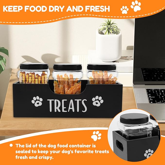 Dog Treat Container, Wood Dog Treat Holder with 3 Plastic Jar and Lid, Multifunctional Pet Food Organizer for Home Living Room Kitchen
