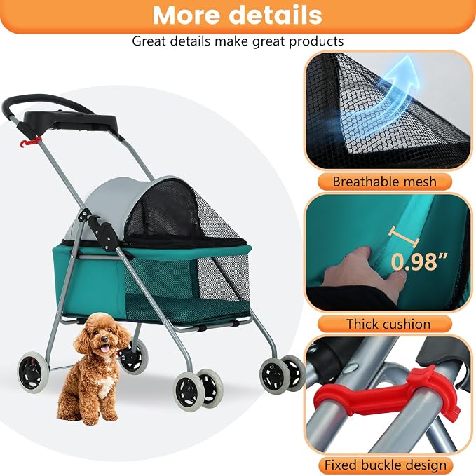 BestPet Foldable Pet Stroller for Small/Medium Dogs and Cats Up to 33 lbs | 4-Wheel Stroller Pet Strolling Cart w/ Breathable Mesh, Lockable Rear Wheels, Cup Holder/Tray & Storage Box, Teal