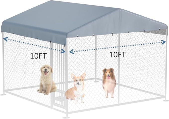 Outdoor Dog Kennel Cover 10'W x 10'L Replacement Dog Kennel Cover Gray | 600D Silver-Plated Waterproof UV-Protective Oxford Fabric Includes a Ball-Ended Elastic Lanyard (Frame Not Included)