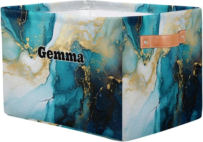 Personalized Storage Bins, Customized Name Storage Basket Rectangle Clothes Organizer for Organizing Kids and Pets Toys Shelf Closet, Blue Cream Marble Texture