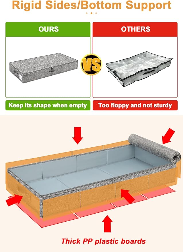 punemi 4.5 in Tall Low Profile Under Bed Storage Containers, 2 Pack, Grey | 40L Structured Clothes Organizer Bin with Reinforced Sides & Bottom, Shallow Design for Clothing & Blankets