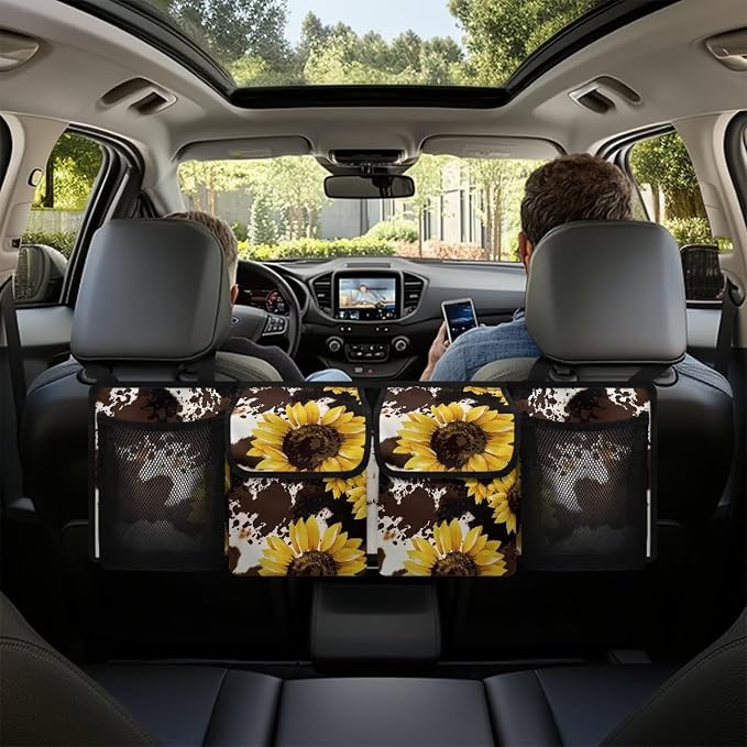 Dreaweet Sunflower Car Trunk Organizers for Women SUV Sedan Backseat Hanging Storage with 4 Large Pockets Brown Cow Print Car Accessories Interior Collapsible Trunk Organizer with Adjustable Strap