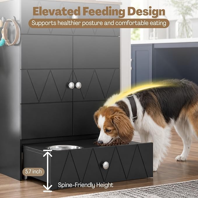 Dog Feeding Station with Storage Cabinet, Hidden Pull-Out Elevated Dog Bowls, Stainless Steel Feeding Drawer, Adjustable Shelves & Hooks, Modern Pet Food Storage Organizer for Dogs (Black)