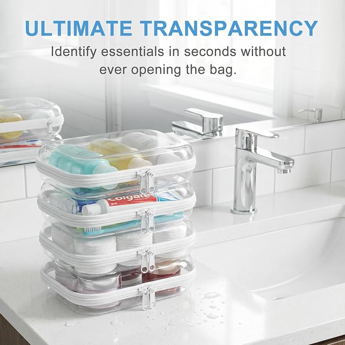 4 Pack Clear Hard Shell Zipper Case, Hard Plastic Zipper Pouches for Travel Toiletries, Makeup, Tech Gadgets & Pencils, Transparent Crush-Resistant Organizer Case (4S)