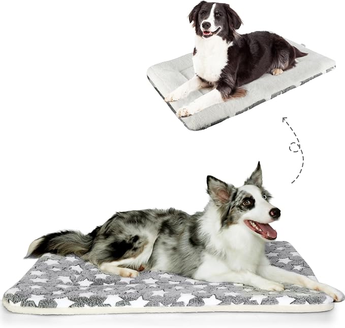 Mora Pets Dog Crate Pad Bed Ultra Soft Pet Mat Star Print Grey 35 x 23 Inch | Washable Crate Mat for Small Medium Large Dogs, Reversible Fleece Dog Crate Kennel Mat Flat Cat Bed Liner