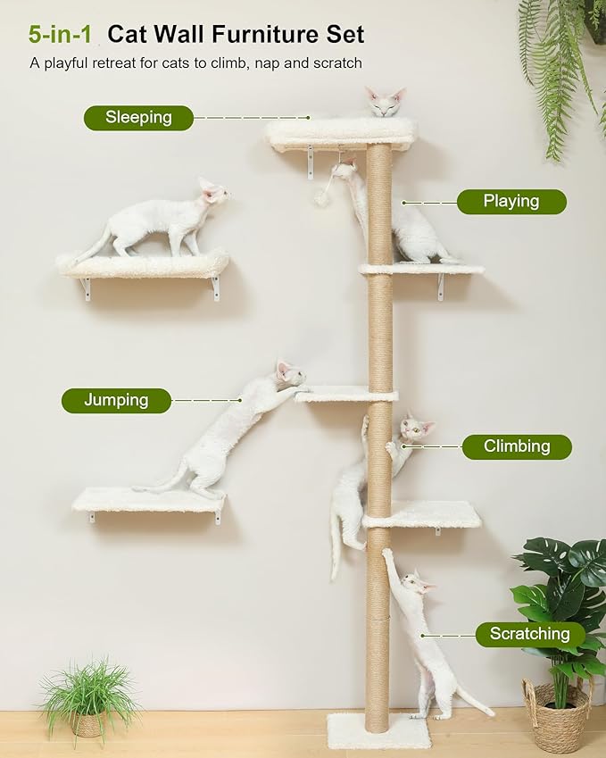 FUKUMARU Cat Wall Shelves Set, 70 inch Wall Mounted Tree, Beige | Kitten Scratching Post with Soft Cushion Perch, Space Saving Climbing Wall Furniture for 16 Inch Drywall