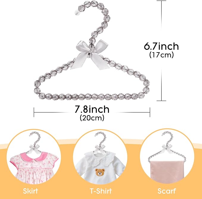Mini Beaded Closet Hangers for Kid Clothes - Pack of 5, 7.8" Cute Organizers for Small Garments, Pet Outfits, Boutique Displays, Satin Bow Detail - Gentle Gray