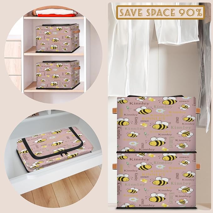 Custom Rectangle Storage Basket Zipper Lid, Personalized Name Organizer Bin for Pet/Children Toys, Books, Clothes, Perfect for Rooms/Playroom, Cartoon Bee with Daisy Floral Grey Pink