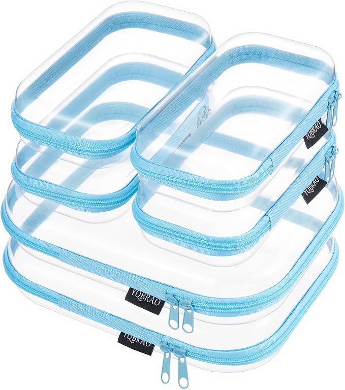 YQBRAO Clear Hard Shell Zipper Cases, 6 Travel Organizers, 2M 4S, Blue | Rigid clear shells in two practical sizes separate toiletries, skincare, cosmetics, chargers and frequently used accessories