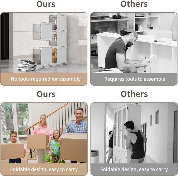 5 Tier Slim Bathroom Storage Cabinet, Foldable and Movable, White | Tools Free, ABS and PET, Magnetic Clear Door, Adjustable Shelves, Lockable Wheels, Water Resistant, For Narrow Space
