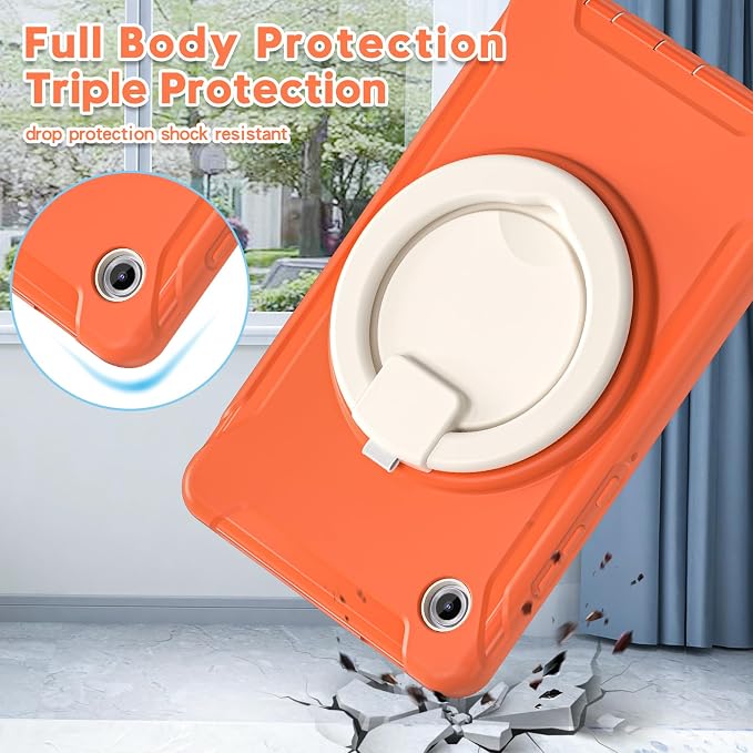 Heavy Duty Shockproof Case for Samsung Galaxy Tab A11 8.7 Inch 2025 (Model: SM-X133/X135/X135F) - with 360° Rotating Stand Handle, Built-in Screen Protector,Kid-Friendly Protective Cover (Orange)