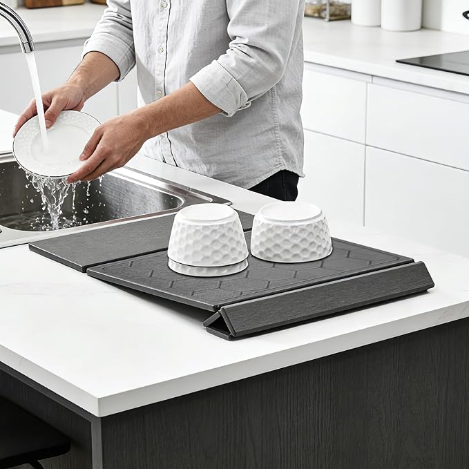 3-in-1 Collapsible Stone Dish Drying Mat for Kitchen Counter | Foldable Water Absorbing Diatomaceous Earth Drying Organizer Pad for Plate Rack Bottles Utensils (Gray - Hex Pattern, 24‘"x16")