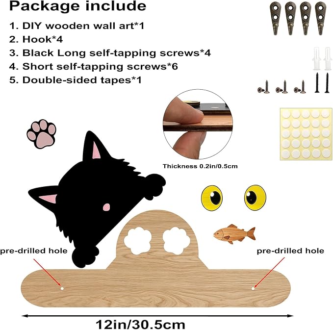 3D DIY Wood Dog Leash Holder Wall Decoration, Cute Cat Design Wall Mount Hanger Organizer with 4 Hooks for Hallway, Door, RV, Apartment, Keys, Bags, Harness, Collars, Clothes, Home Improvement