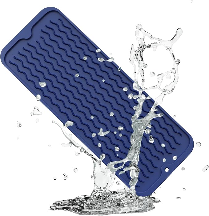 ZLR Small Dish Drying Mat for Kitchen Counter, 6"x17", Midnight Blue | Narrow Silicone Drainer for Apartment, Dorm & RV, Wavy Ridges Quick-Dry, Non-Slip, Rolls Up, Dishwasher Safe