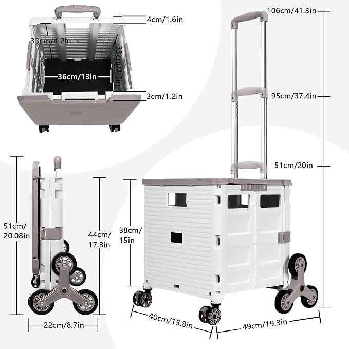 Foldable Utility Cart Portable Crate Rolling Dolly with Telescopic Handle,Can be Pulled diagonally, Magnetic Retractable Lid, 360°Swivel Climbing Wheels for Shopping Carrying Groceries Move White